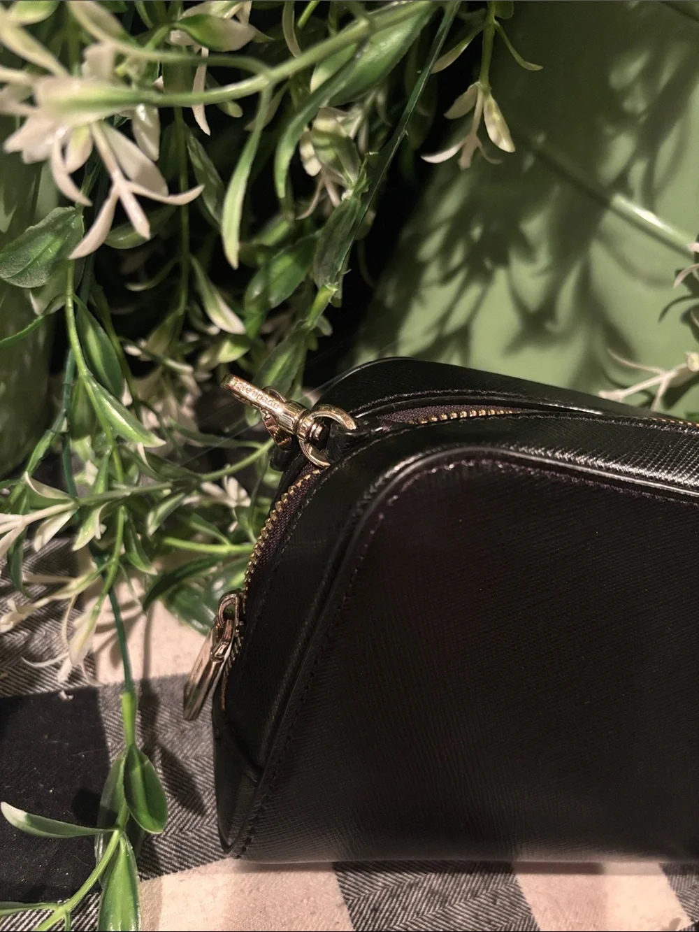 kate spade black saffiano leather zip-around wallet with gold logo